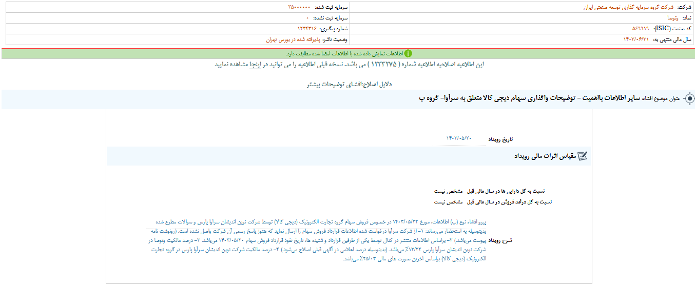 توضیحات وتوصا درباره واگذاری یک سهم