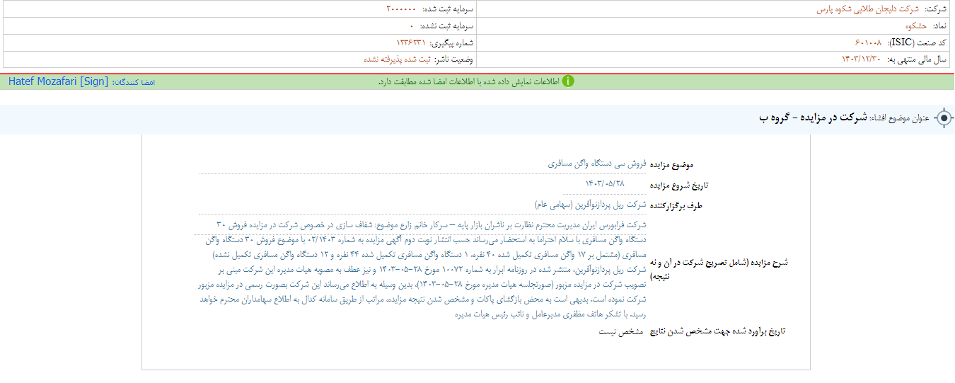 حشکوه مزایده برگزار می کند