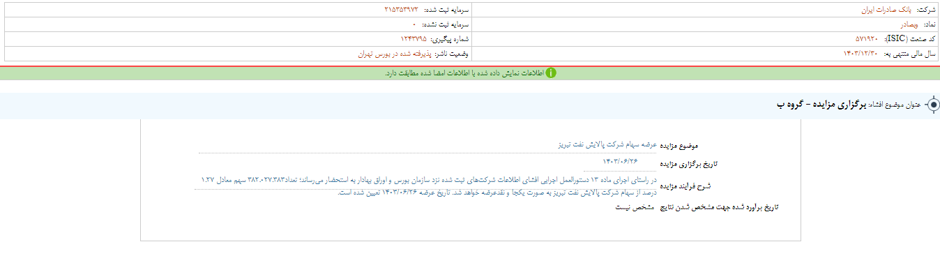 مزایده سهام پالایش نفت تبریز وبصادر 