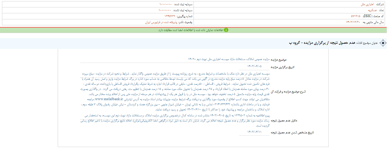 عدم حصول نتیجه از مزایده وملل
