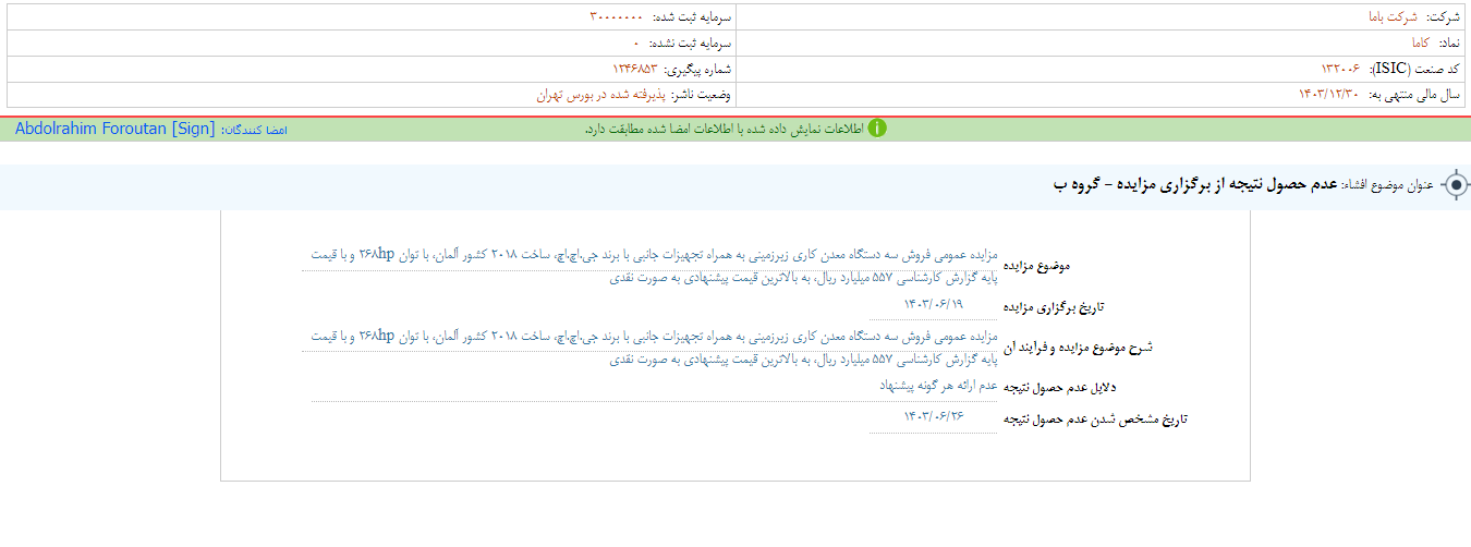 دستگاه های معدن کاری کاما متقاضی نداشت