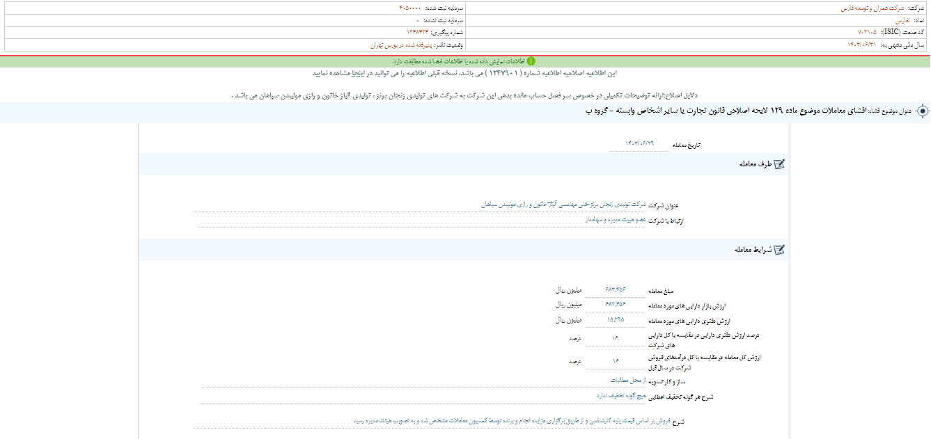 شفاف سازی ثفارس درباره معاملات قانون تجارت