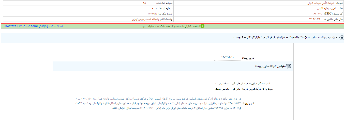 افزایش نرخ کارمزد بازارگردانی تکاردان