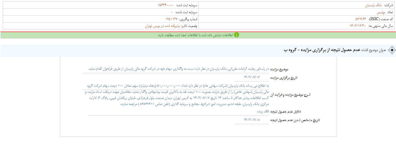 عدم حصول نتیجه از برگزاری مزایده وپارس