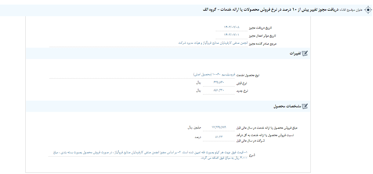 دریافت مجوز تغییر در نرخ فروش محصولات فروژ