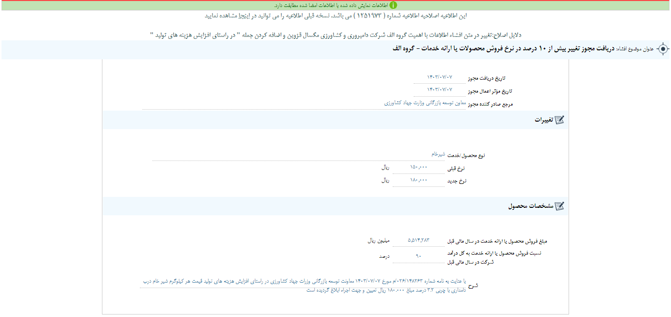 تغییر در نرخ فروش محصولات زمگسا