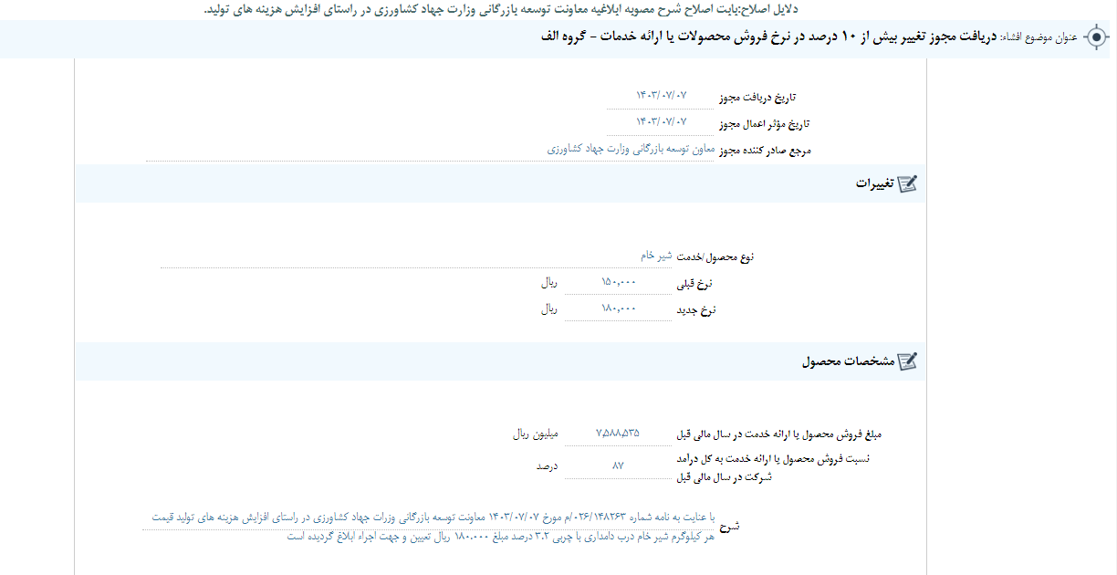 تلیسه مجوز تغییر در نرخ فروش گرفت