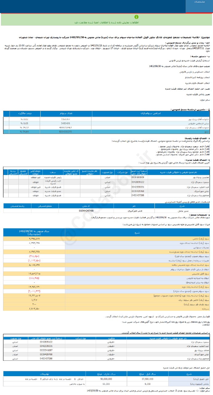 ۳۰ تومان سود هر سهم شتهران