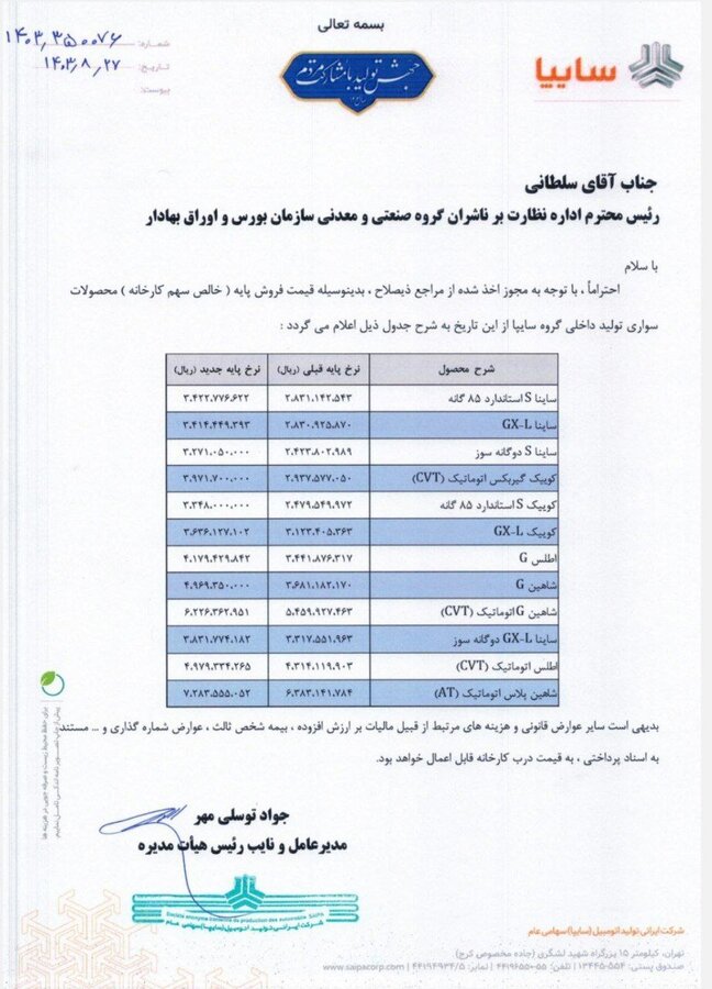 سایپا و ایران‌ خودرو مجوز افزایش قیمت گرفتند + جدول قیمت‌های جدید