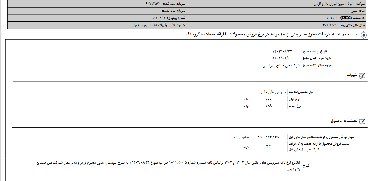 تغییر بیش از ۱۰ درصد در نرخ فروش محصولات مبین