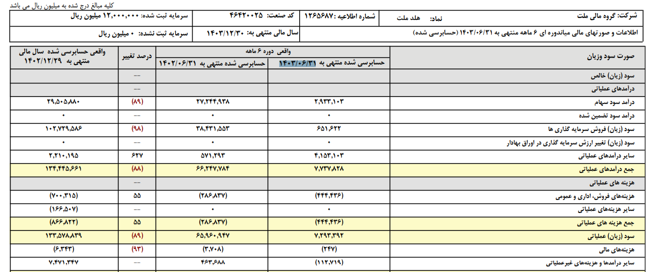 درآمد سود سهام ۶ ماهه هلد ملت ۸۹ درصد کم شد؟