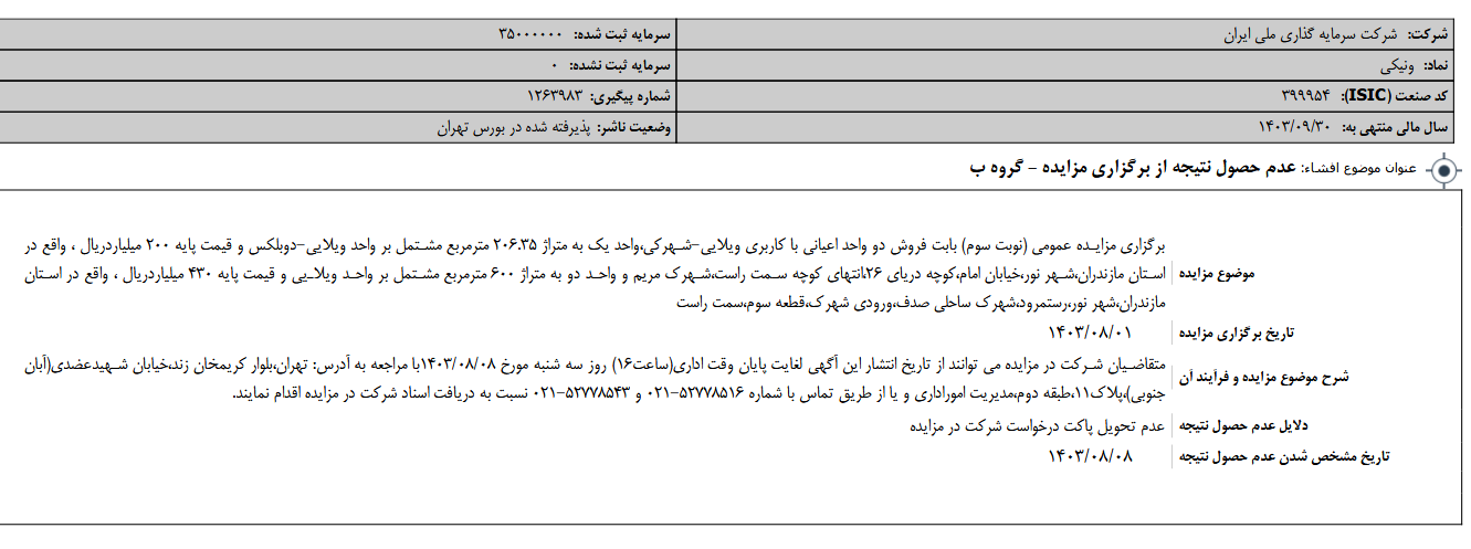 عدم حصول نتیجه از برگزاری مزایده ونیکی