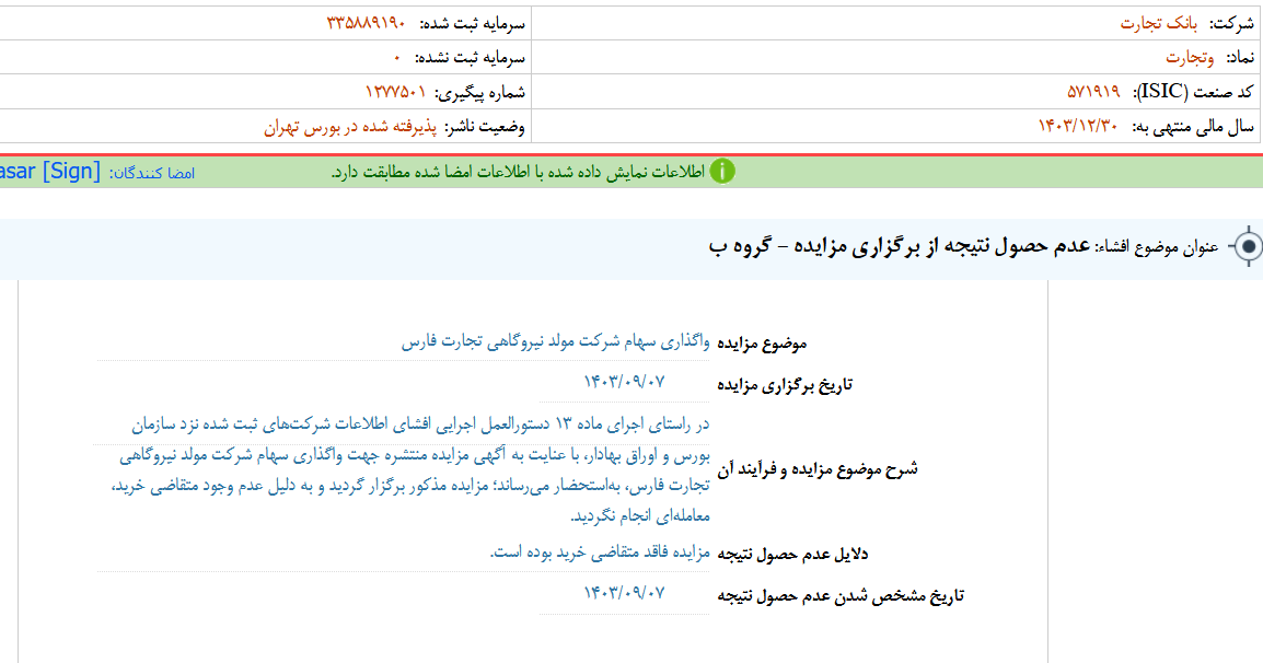 عدم حصول نتیجه از برگزاری مزایده وتجارت
