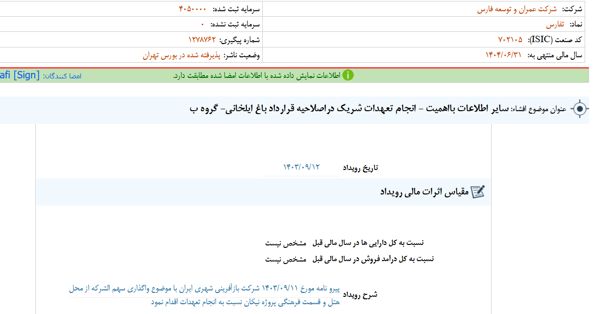 انجام تعهدات شریک در اصلاحیه قرارداد باغ ایلخانی ثفارس