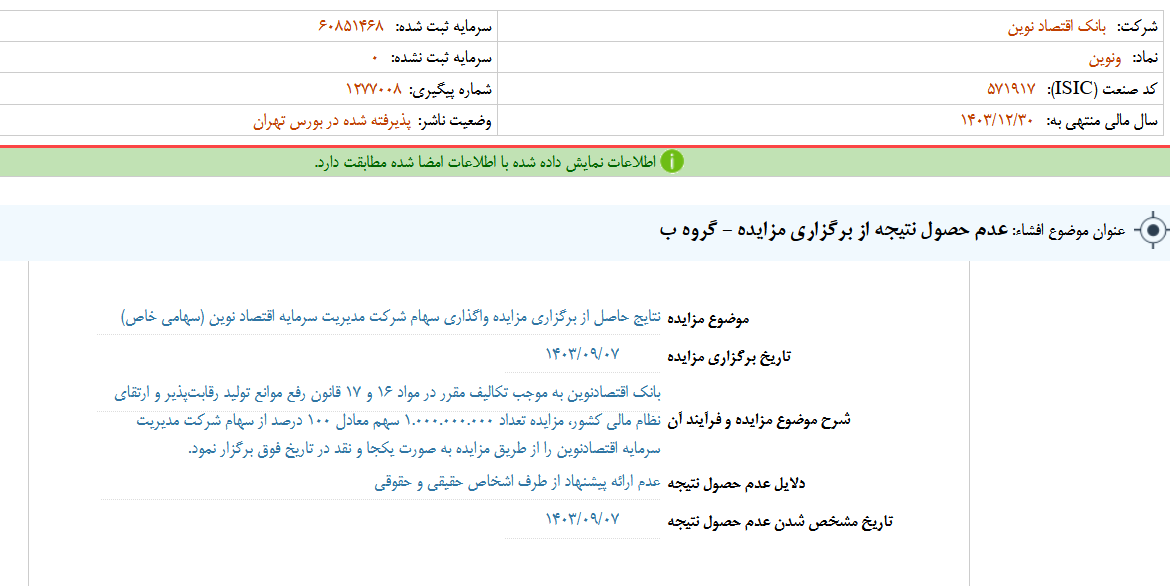 عدم حصول نتیجه از برگزاری مزایده ونوین