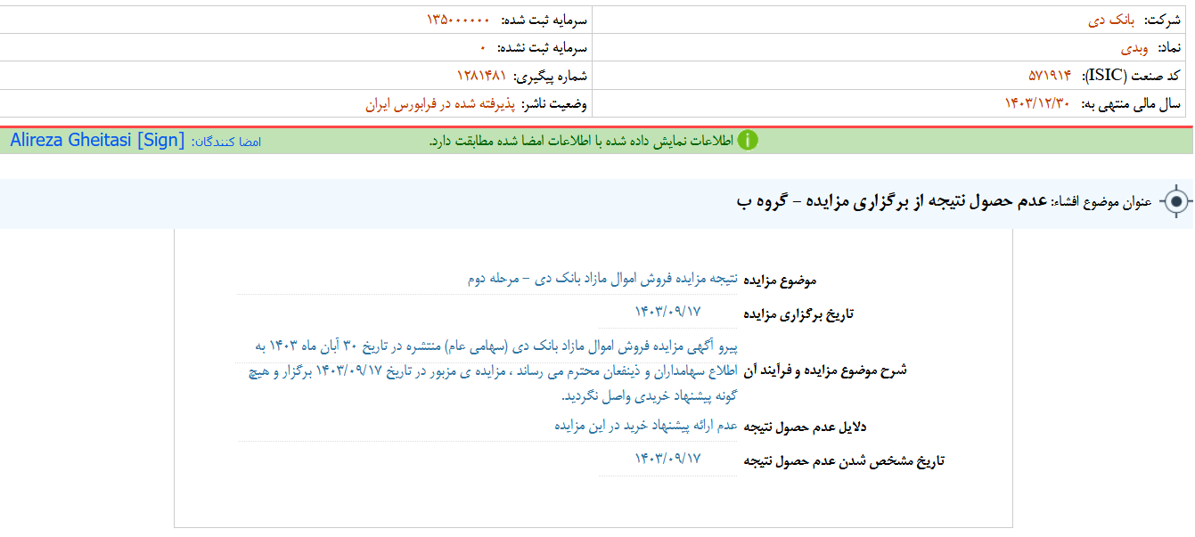 عدم حصول نتیجه از برگزاری مزایده دی