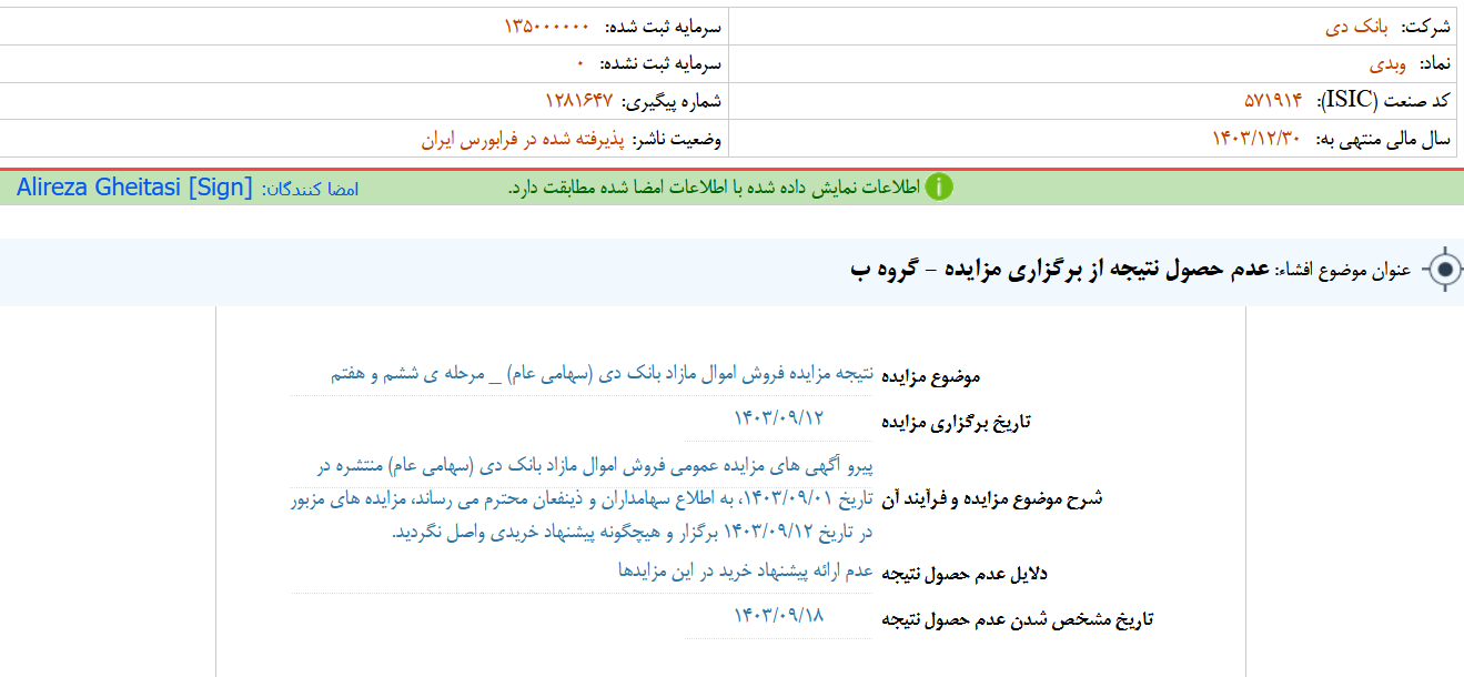 عدم حصول نتیجه از برگزاری مزایده دی