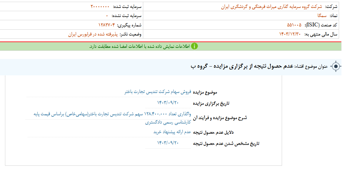 عدم حصول نتیجه از برگزاری مزایده سمگا