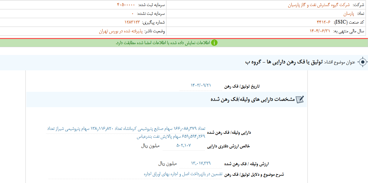 توثیق یا فک رهن دارایی های پارسان