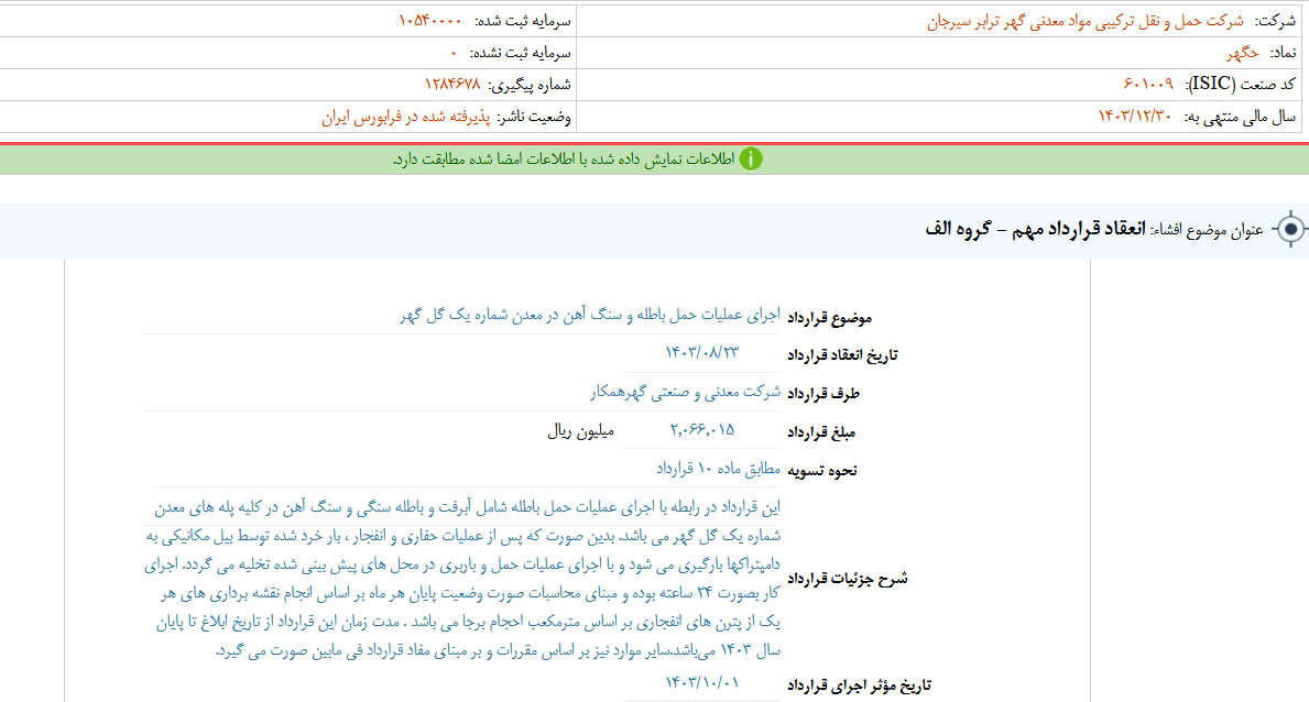 حگهر از انعقاد یک قرارداد خبر داد