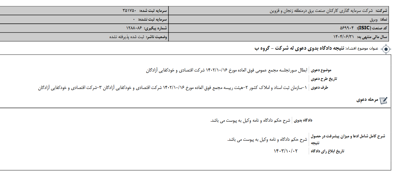 وبرق از نتیجه دادگاه بدوی دعوی له خبر داد