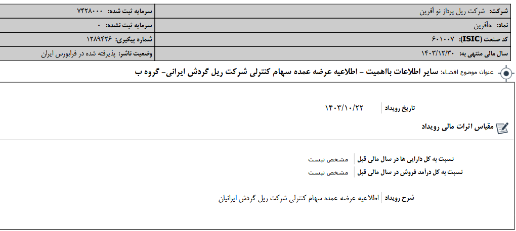 حآفرین از عرضه عمده سهام کنترلی ریل گردش ایرانی خبر داد