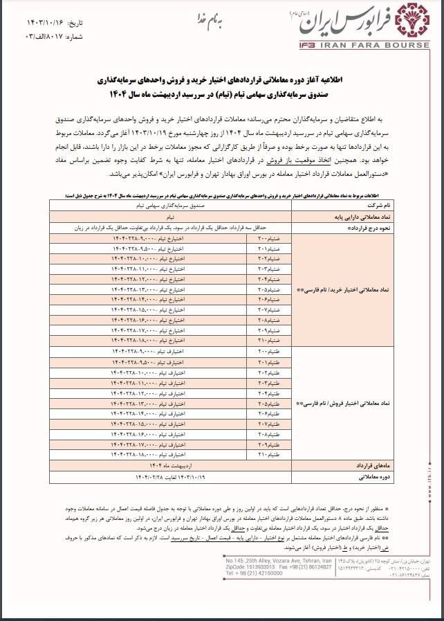 آغاز دوره معاملاتی قراردادهای اختیار معامله تیام