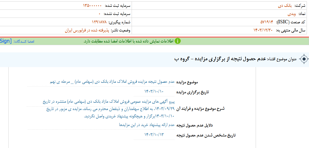 عدم حصول نتیجه از مزایده دی