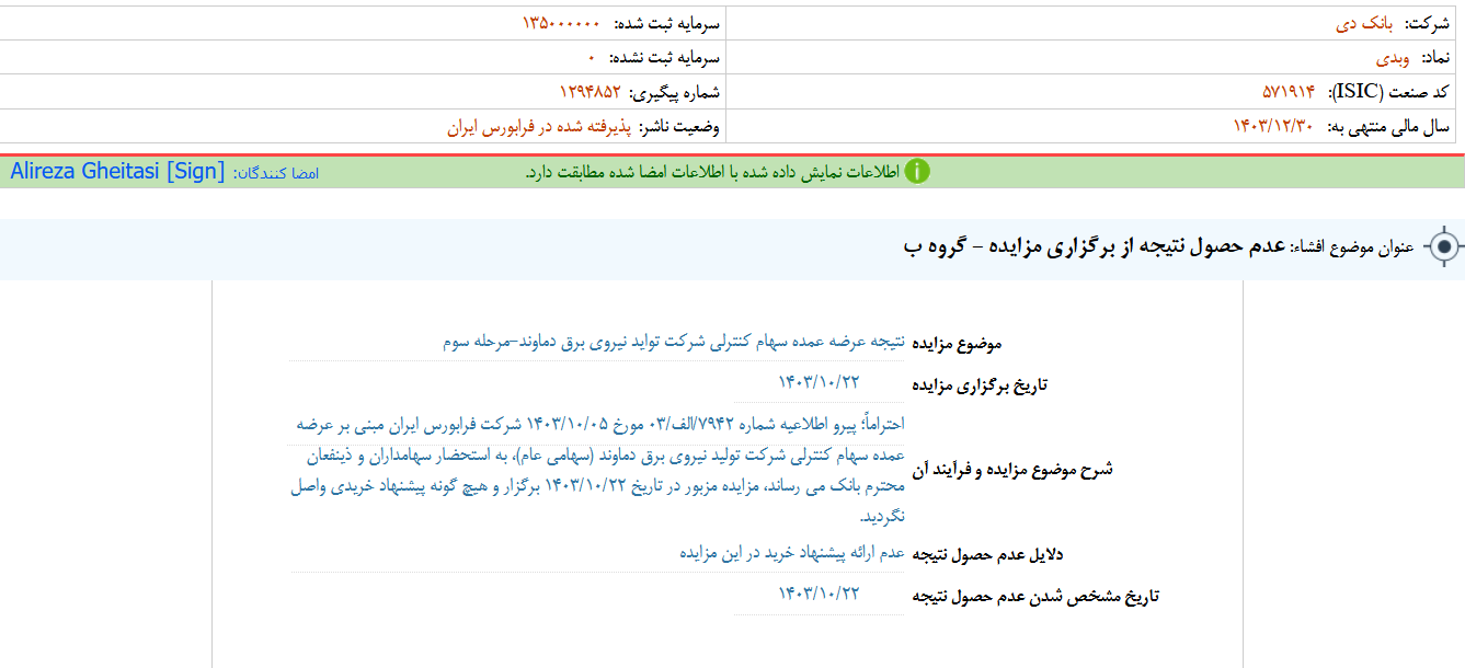 عدم حصول نتیجه از برگزاری مزایده دی