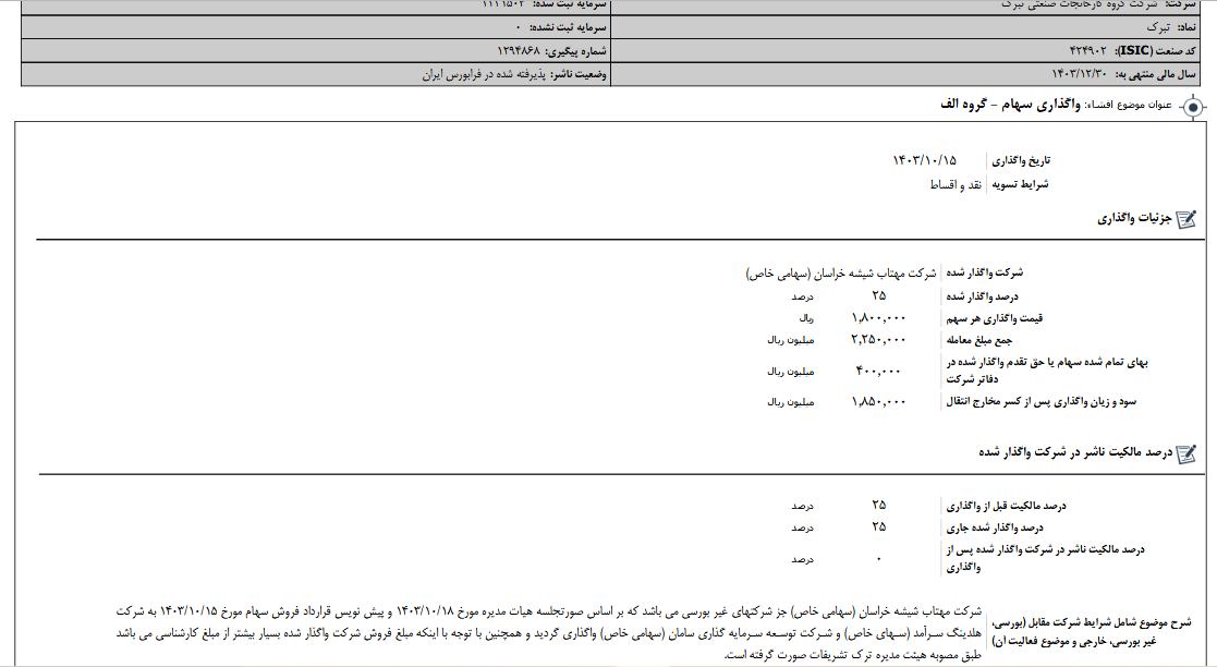 تبرک از واگذاری سهام یک شرکت خبر داد