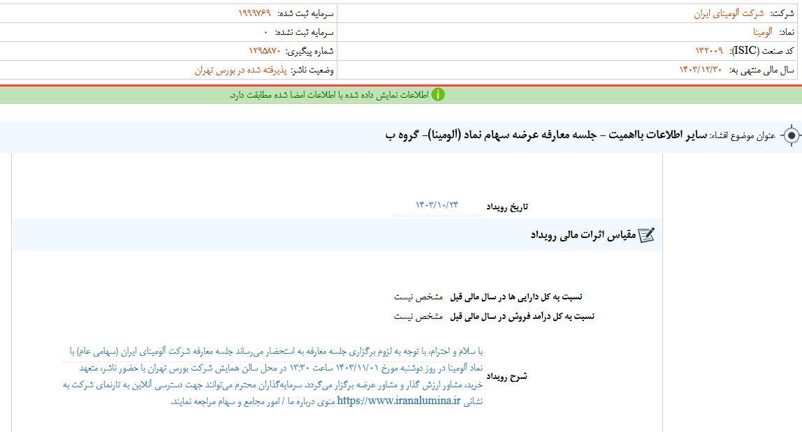 برگزاری جلسه معارفه عرضه سهام آلومینا اول بهمن ماه