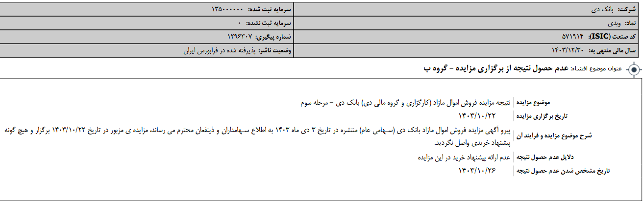 عدم حصول نتیجه از برگزاری مزایده دی