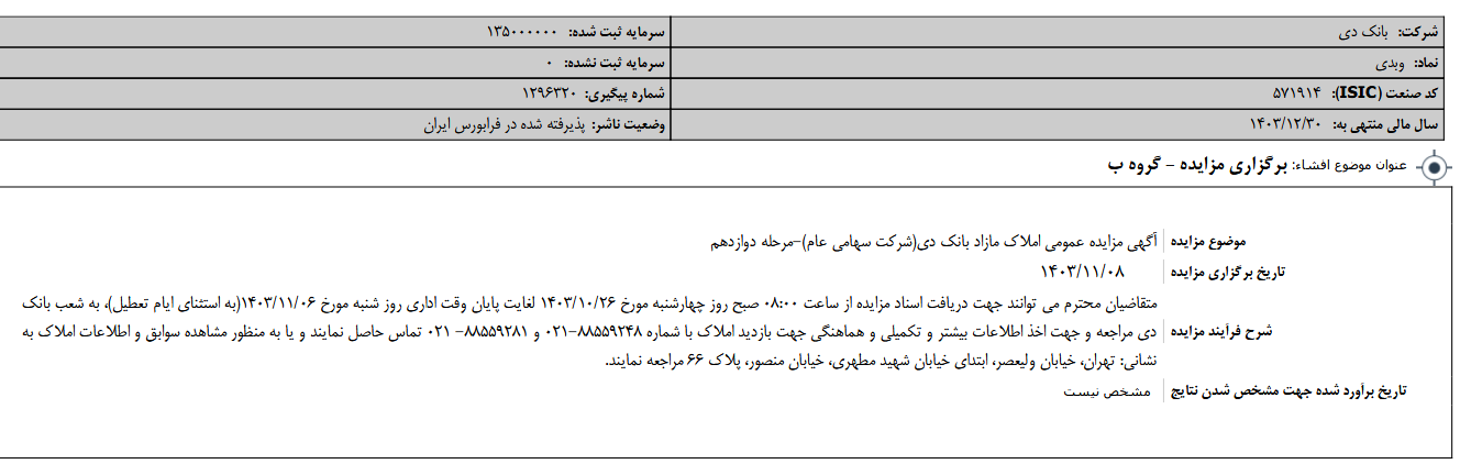 مزایده املاک مازاد بانک دی