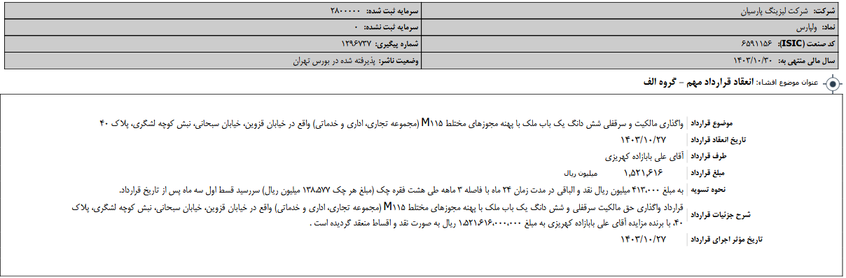 ولپارس برای واگذاری مالکیت یک ملک قرارداد امضا کرد