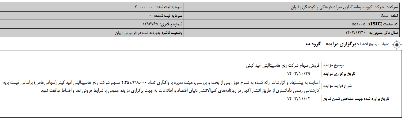 سمگا مزایده برگزار می کند