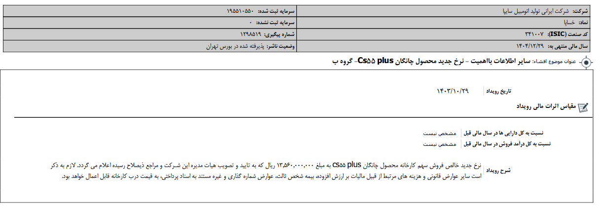 سایپا نرخ جدید محصول چانگان Cs۵۵ plus را اعلام کرد