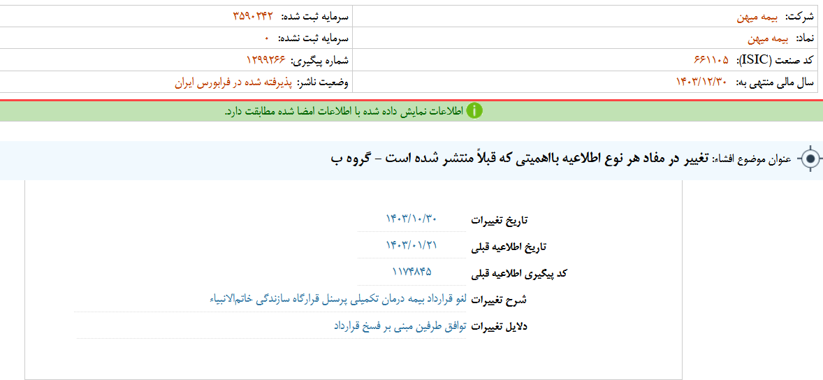 تغییر در مفاد اطلاعیه میهن