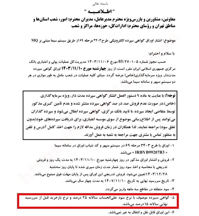 کاهش نرخ سود گواهی سپرده به ۲۵ درصد + سند