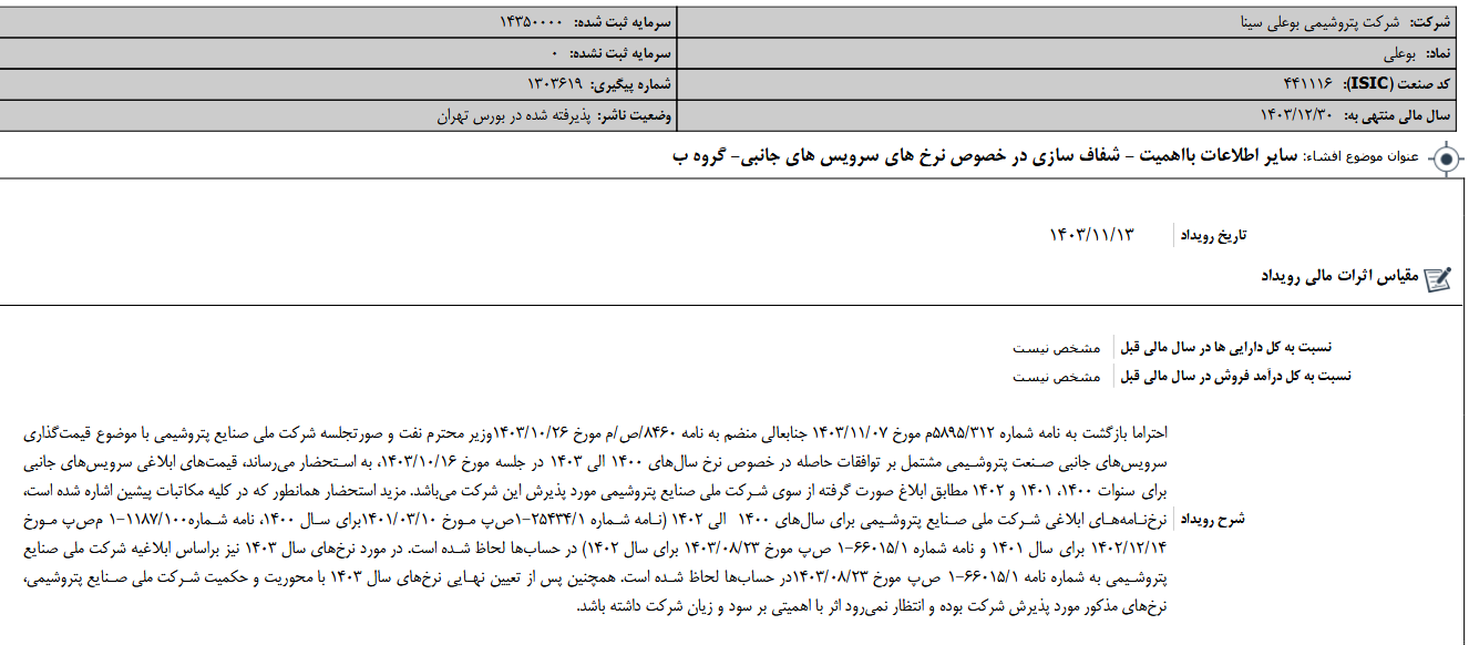 شفاف سازی در خصوص نرخ های سرویس های جانبی بوعلی