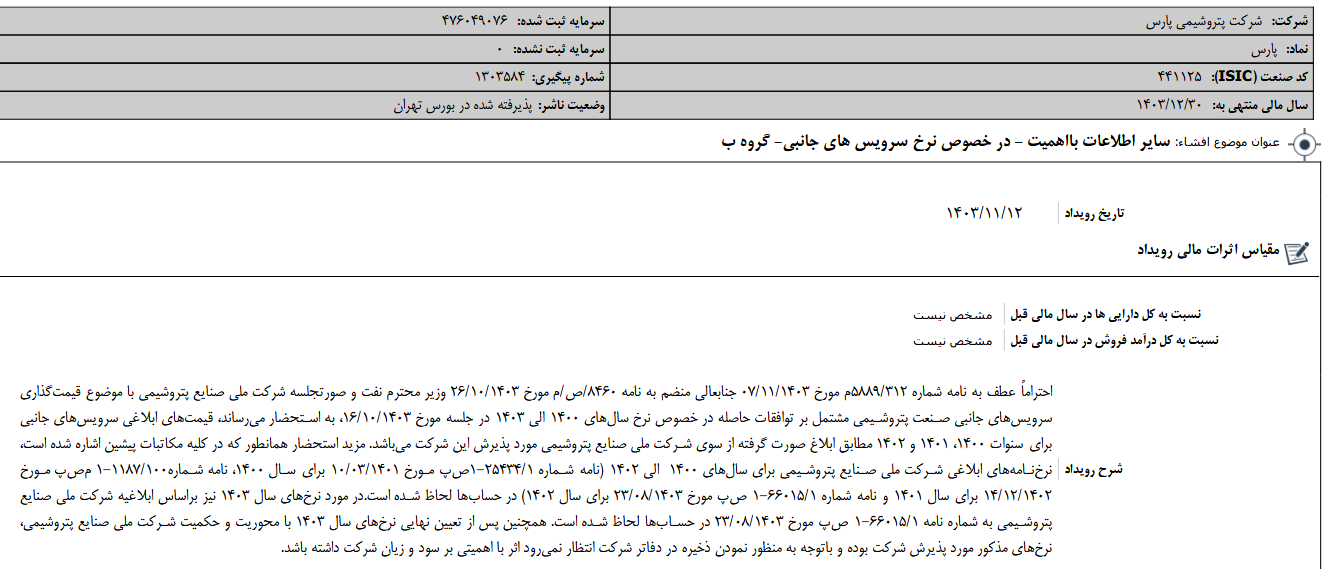 پارس نرخ سرویس های جانبی را پذیرفت