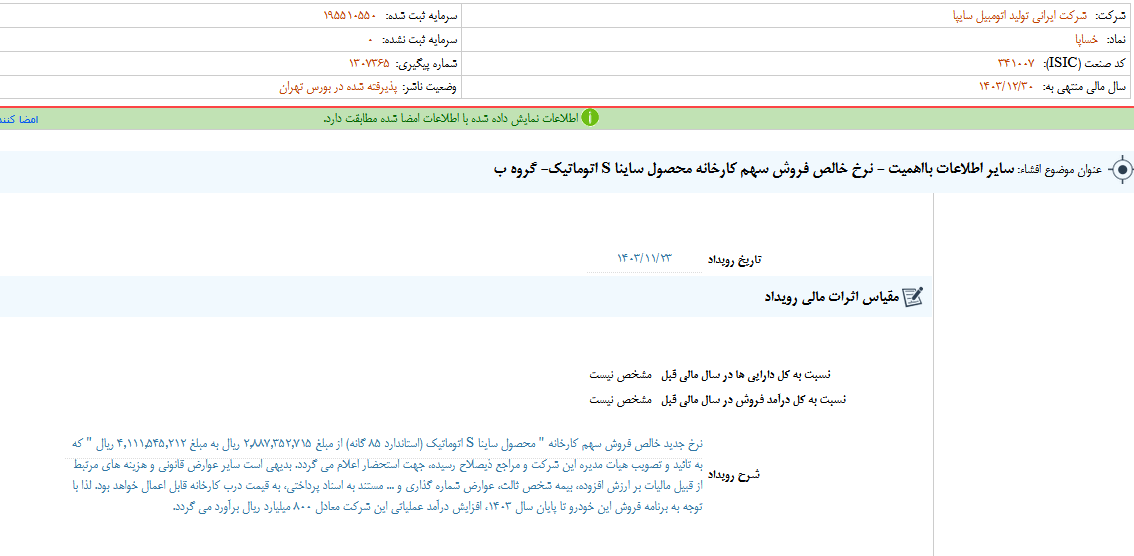 خساپا نرخ خالص فروش محصول ساینا S اتوماتیک را اعلام کرد