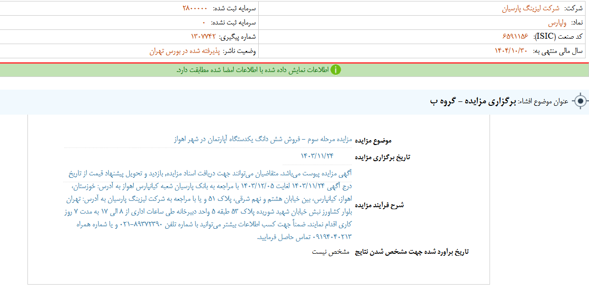 ولپارس مزایده برگزار می کند