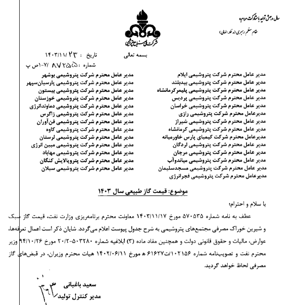 شفن از ابلاغ قیمت گاز خوراک و سوخت خبر داد