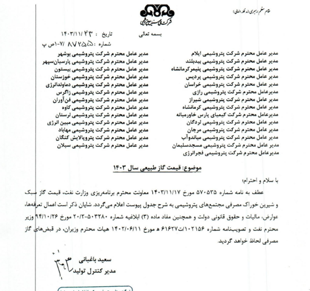 توضیحات شجم از تاثیرات قیمت گاز خوراک و سوخت