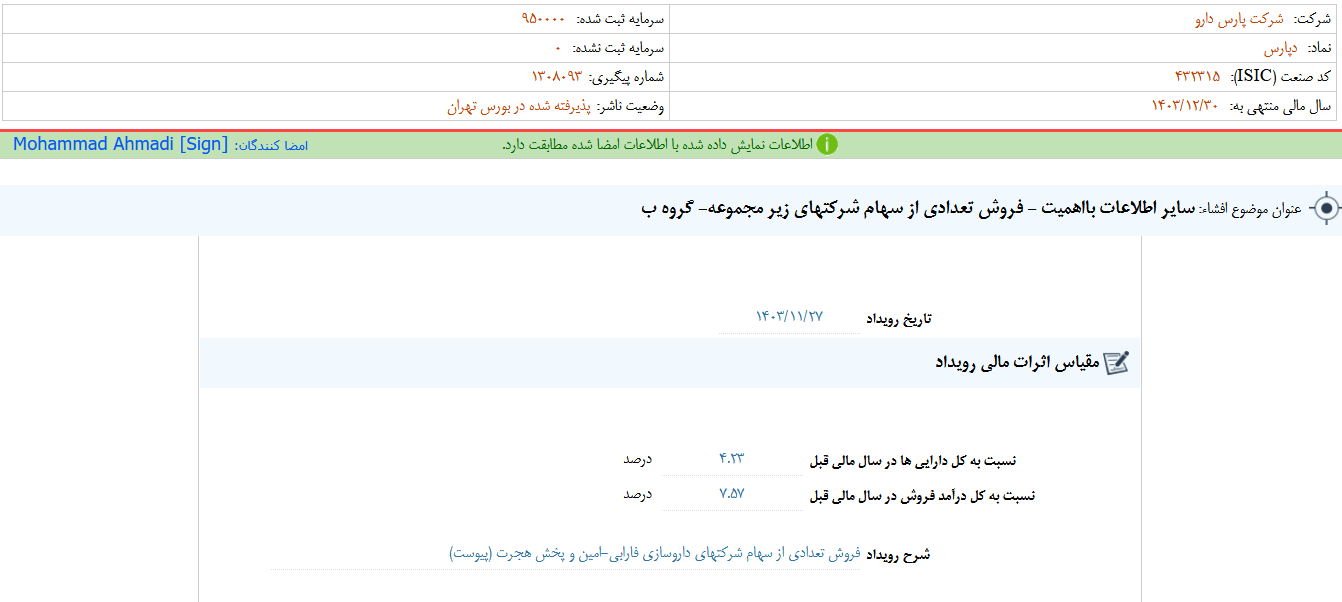 فروش تعدادی از سهام شرکتهای زیر مجموعه دپارس