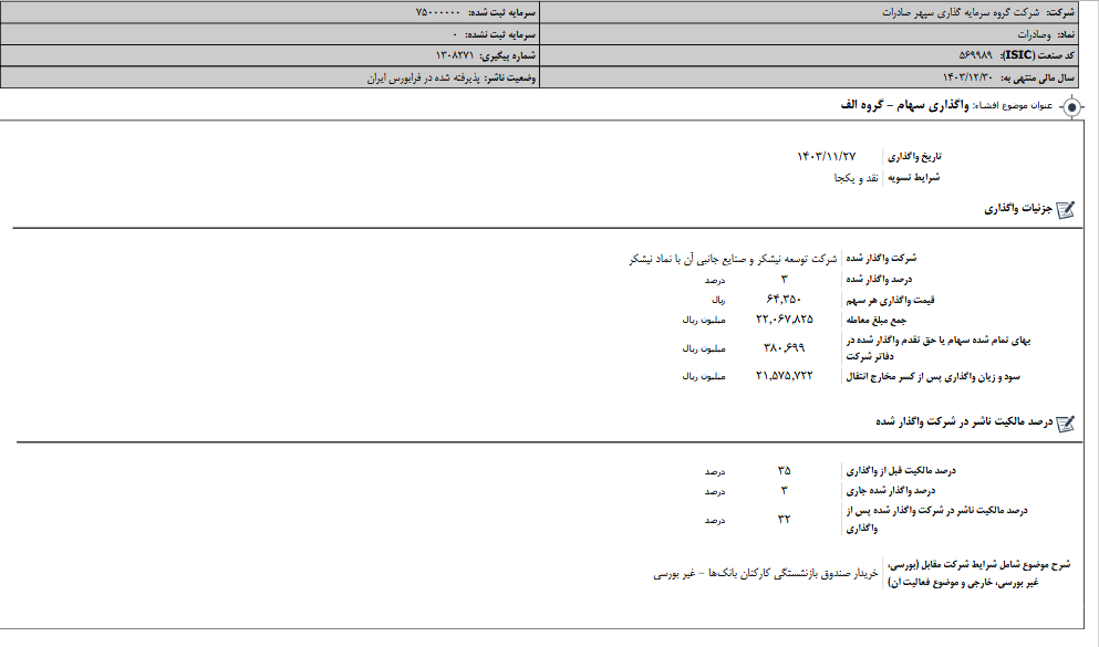 وسپهر سهام نیشکر را واگذار می کند