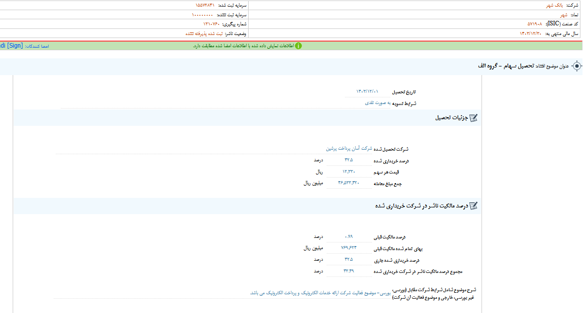 وشهر از تحصیل سهام خبر داد