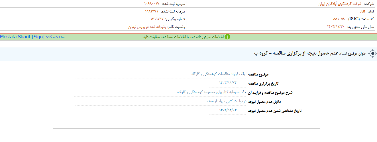 عدم حصول نتیجه از برگزاری مناقصه آباد