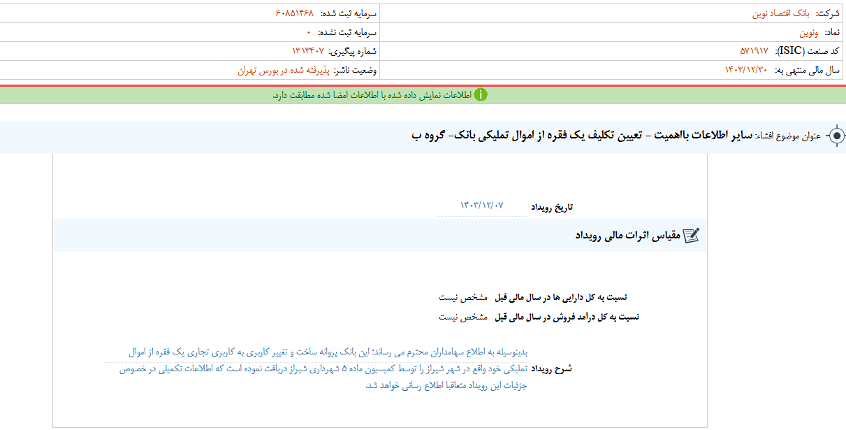 تعیین تکلیف یک فقره از اموال تملیکی ونوین