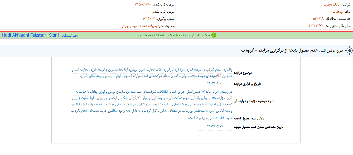 عدم حصول نتیجه از برگزاری مزایده وتجارت